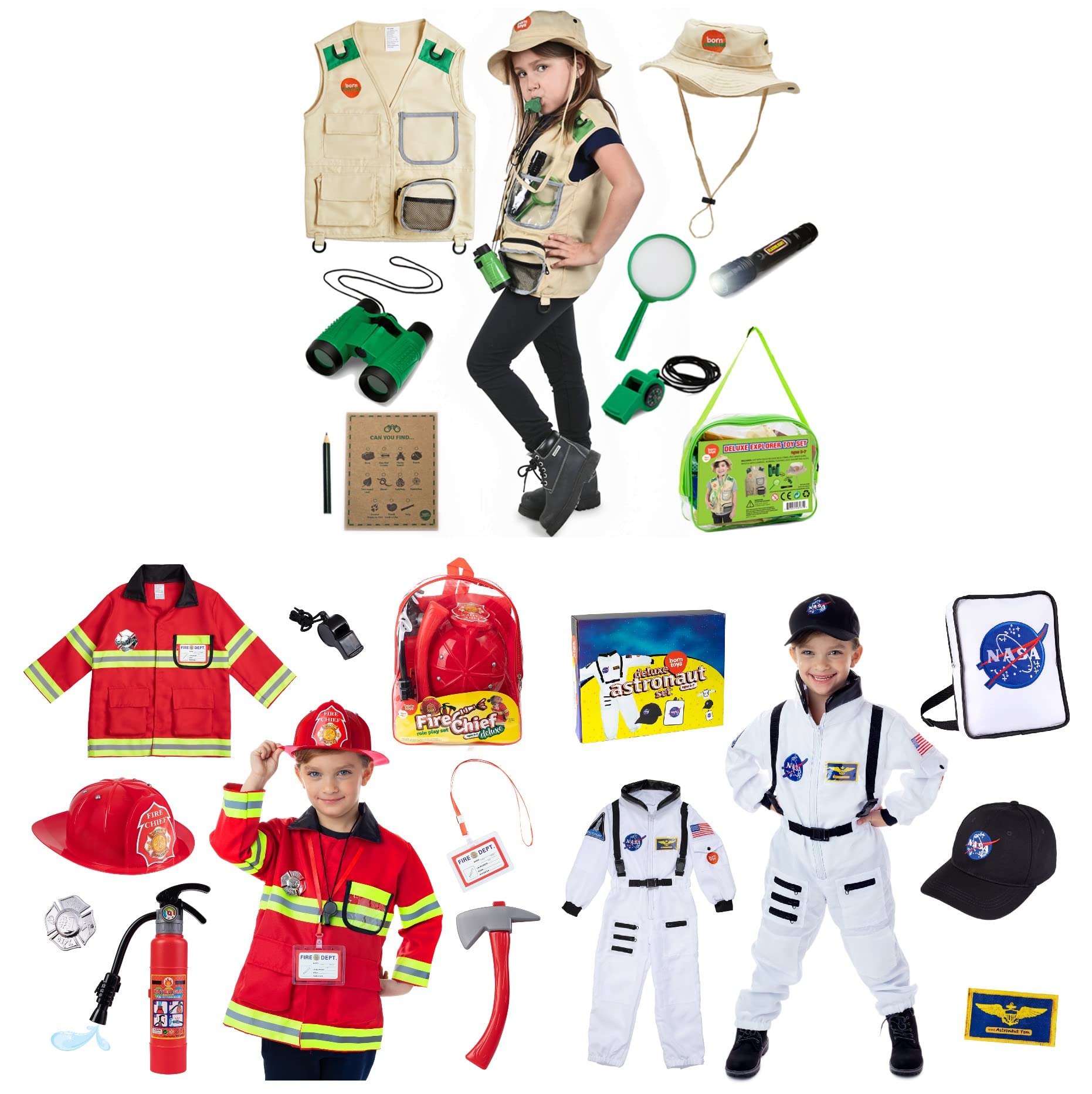 Born Toys Premium Outdoor Explorer Kit, Premium Fireman Costume and Astronaut Costume for Kids for Boys & Girls, Dress up & Pretend Play