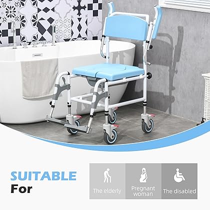 HOMCOM Accessibility Commode Wheelchair, Rolling Shower Wheelchair with 4 Castor Wheels, Rectangle Detachable Bucket, & Waterproof Design, 17