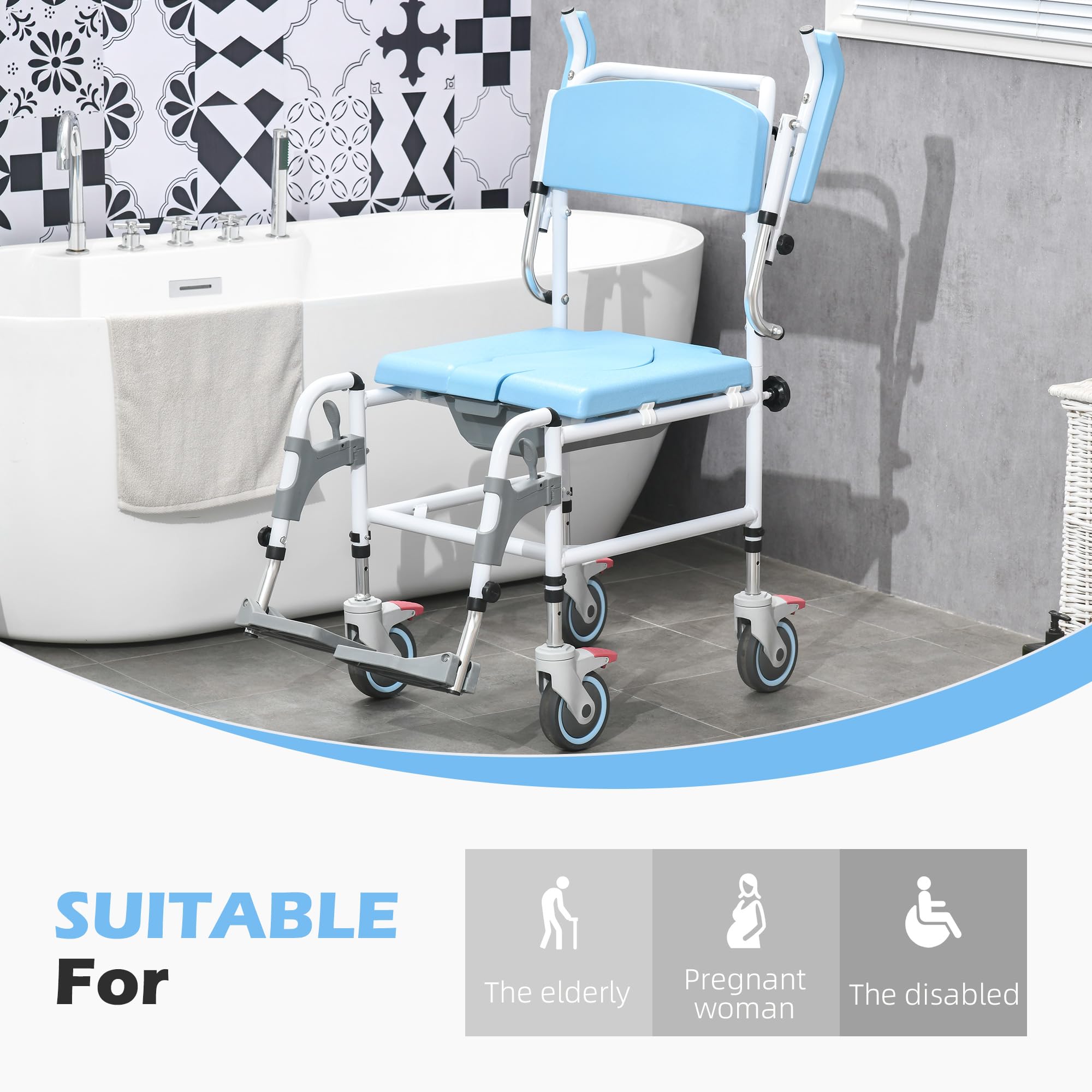 HOMCOM Accessibility Commode Wheelchair, Rolling Shower Wheelchair with 4 Castor Wheels, Rectangle Detachable Bucket, & Waterproof Design, 17