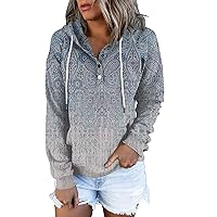 Women Tie -Dye Gradient Sweatshirts Trendy Button Down Hoodie Tops Drawstring Pullover Fall Daily Loose Clothes