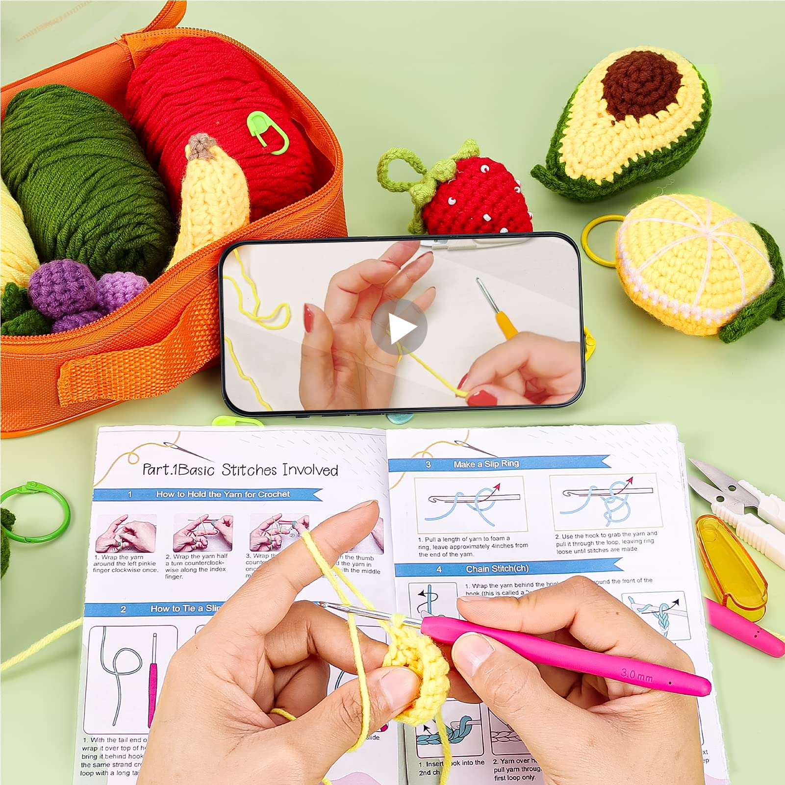 Crochetobe Beginner Crochet Kit - Make Your Own 8 PCS Fruit Crochet, Crochet Kit for Beginners with Step-by-Step Instruction and Video Tutorial, Crochet Starter Kit for Adults Kids(Patent Product)