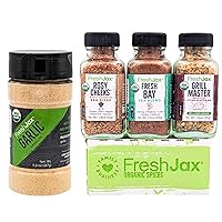FreshJax Organic Surf n' Turf Seasonings Gift Set and Garlic Granules Bundle | 3 Sampler size and 1 Large Bottle | Non GMO, Gluten Free, Keto, Paleo, No Preservative
