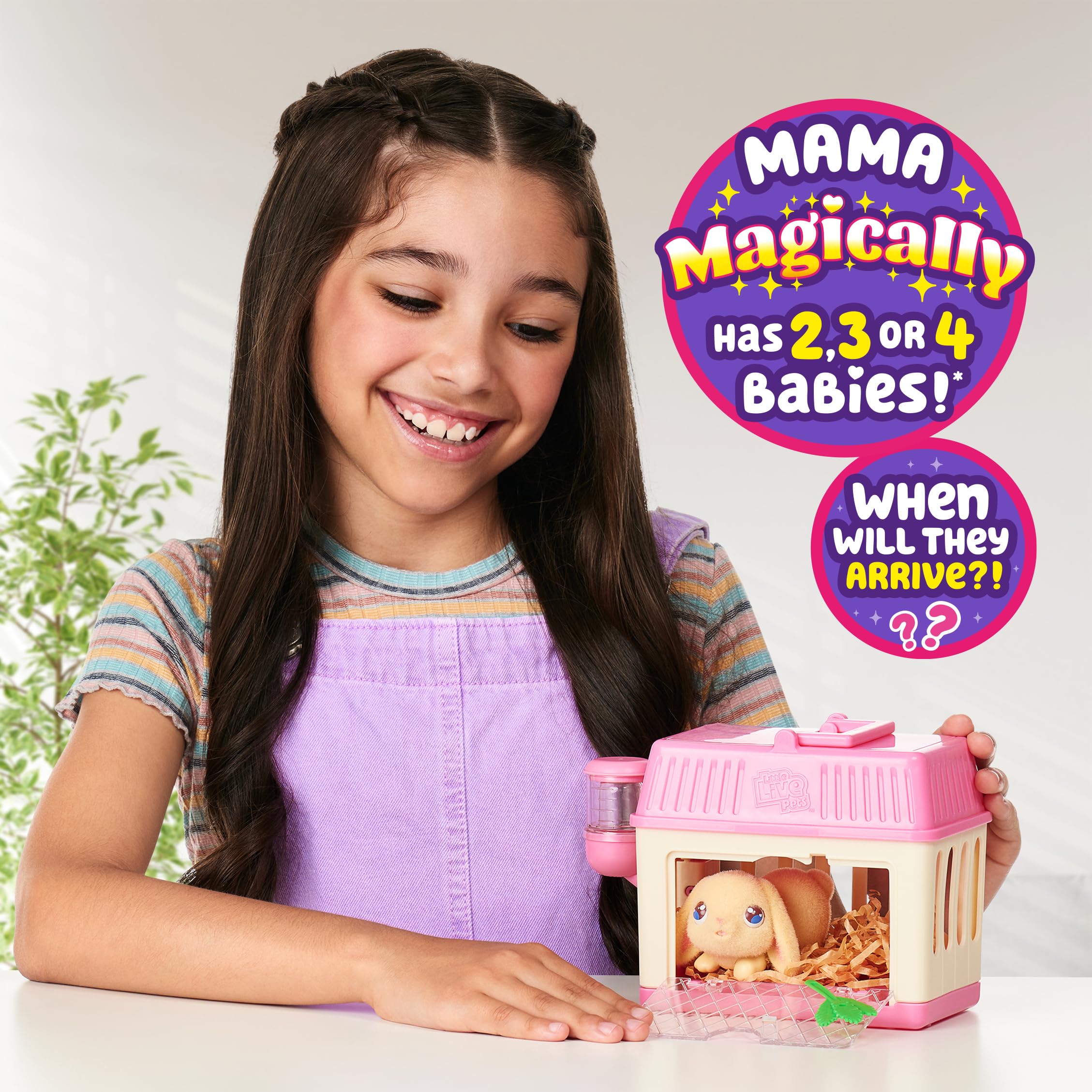 Little Live Pets - Mama Surprise Minis. Feed and Nurture a Lil' Bunny Inside Their Hutch so she can be a Mama. She has 2, 3, or 4 Babies with Surprise Accessories to Dress Up The Babies