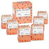 Pura Size 5 Eco-Friendly Diapers (24-35 lbs) Totally Chlorine Free (TCF), Hypoallergenic, Soft Organic Cotton, Sustainable, up to 12 Hours Leak Protection, Allergy UK, 6 Packs of 20 (120 Diapers)