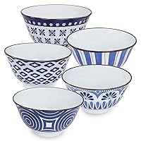 Ceramic Bowl Set - 5pc Blue and White 10oz Glass Small Serving Bowls for Eating or Decoration