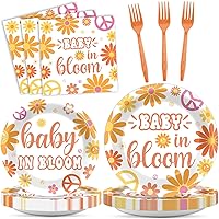 96Pcs Baby in Bloom Baby Shower Decorations Baby Shower Groovy Floral Paper Plates Napkins Disposable Hippie Baby in Bloom Tableware Dinnerware Set Baby Boho Daisy Party Supplies for 24 Guests