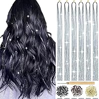 Hair Tinsel Kit With Tools Silver Tinsel Hair Heat Resistant 6Pcs 1200 Strands Tinsel Hair Extensions Fairy Hair Tinsel Glitter Hair Extensions Sparkling Hair Tensile for Women Girls (Sliver)