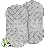 Bassinet Mattress Pad Cover, Waterproof, Ultra Soft Viscose Made from Bamboo Terry Surface, Universal Fit for Hourglass/Oval Bassinet Mattress, 2 Pack, Washer & Dryer, No Loosen and Pre-Shrinked, Grey