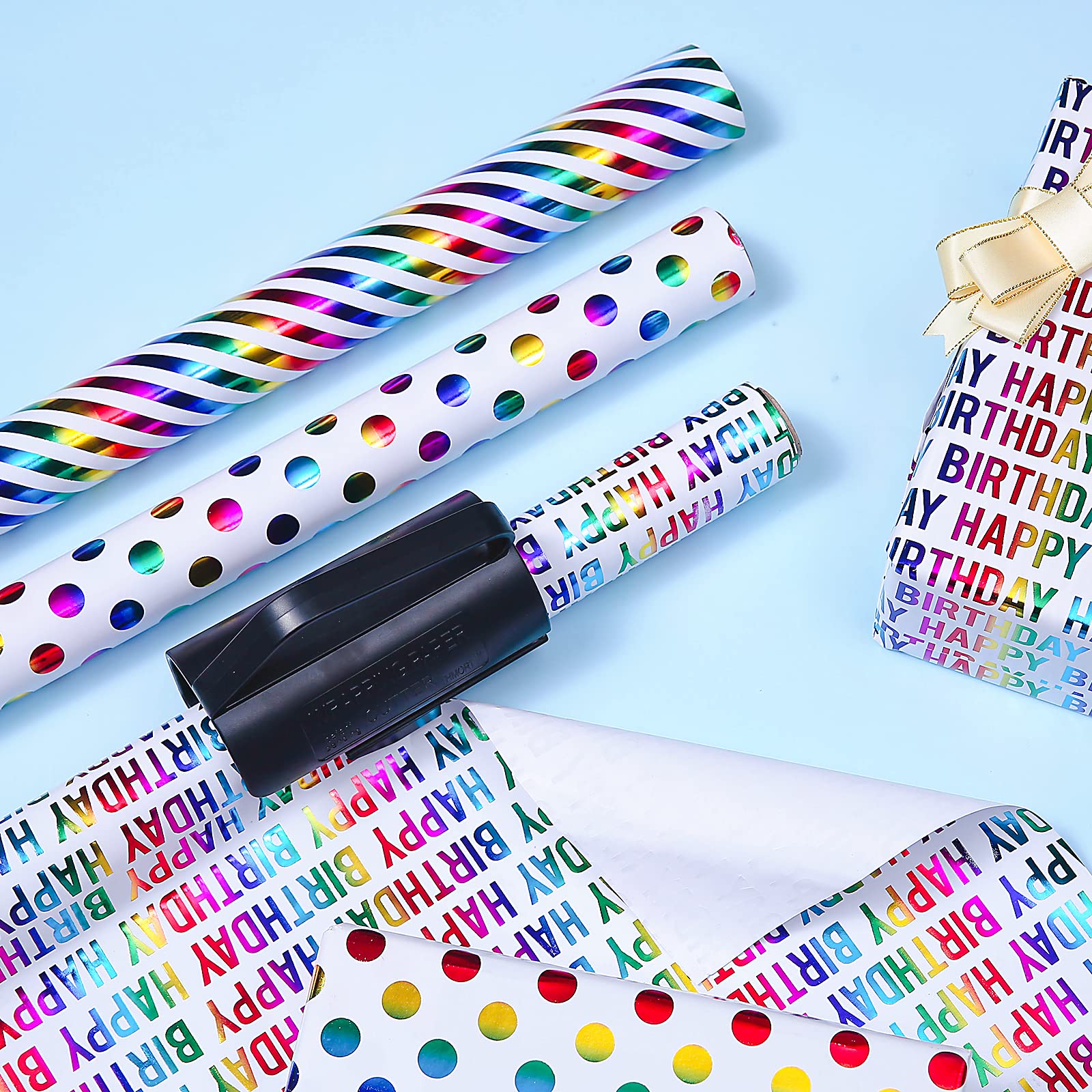 THMORT Birthday Wrapping Paper Roll with a Cutter Kit for Boys&Girls,Adults,Kids Foil mini rolls 17 Inch X 120 Inch Gift Wrapping Paper Roll Colorful Foil Rainbow Silver Happy Birthday Lettering.