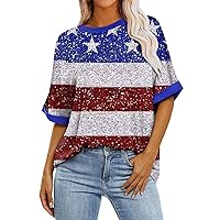 Fourth of July Shirt for Women Patriotic Shirts for Women 2024 American Print Vintage Fashion Loose Fit with Short Sleeve Round Neck Blouses Blue Small