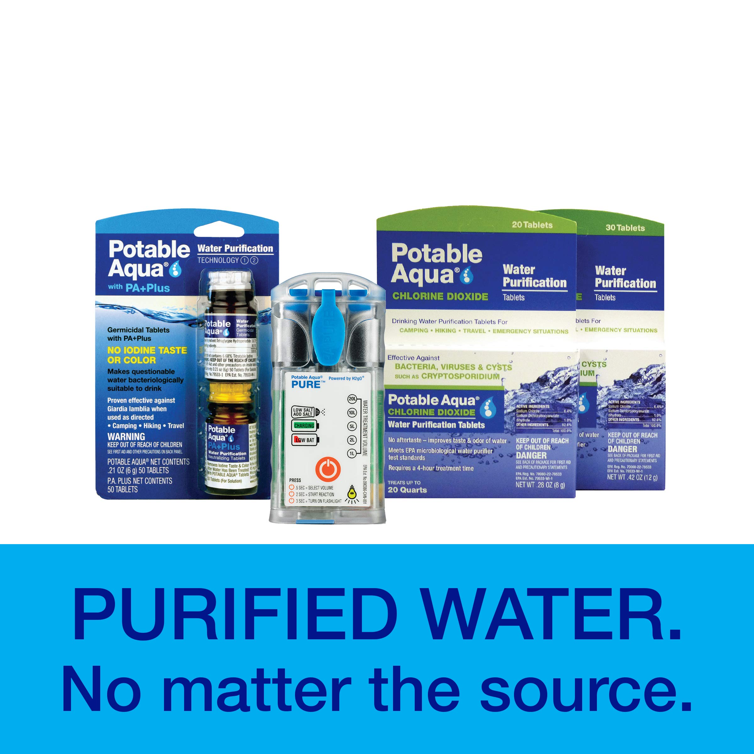 Potable Aqua Water Purification Tablets with PA Plus, Portable and Effective Water Purification Solution for Camping, Hiking, Emergencies, Natural Disasters and International Travel, Two 50ct Bottles
