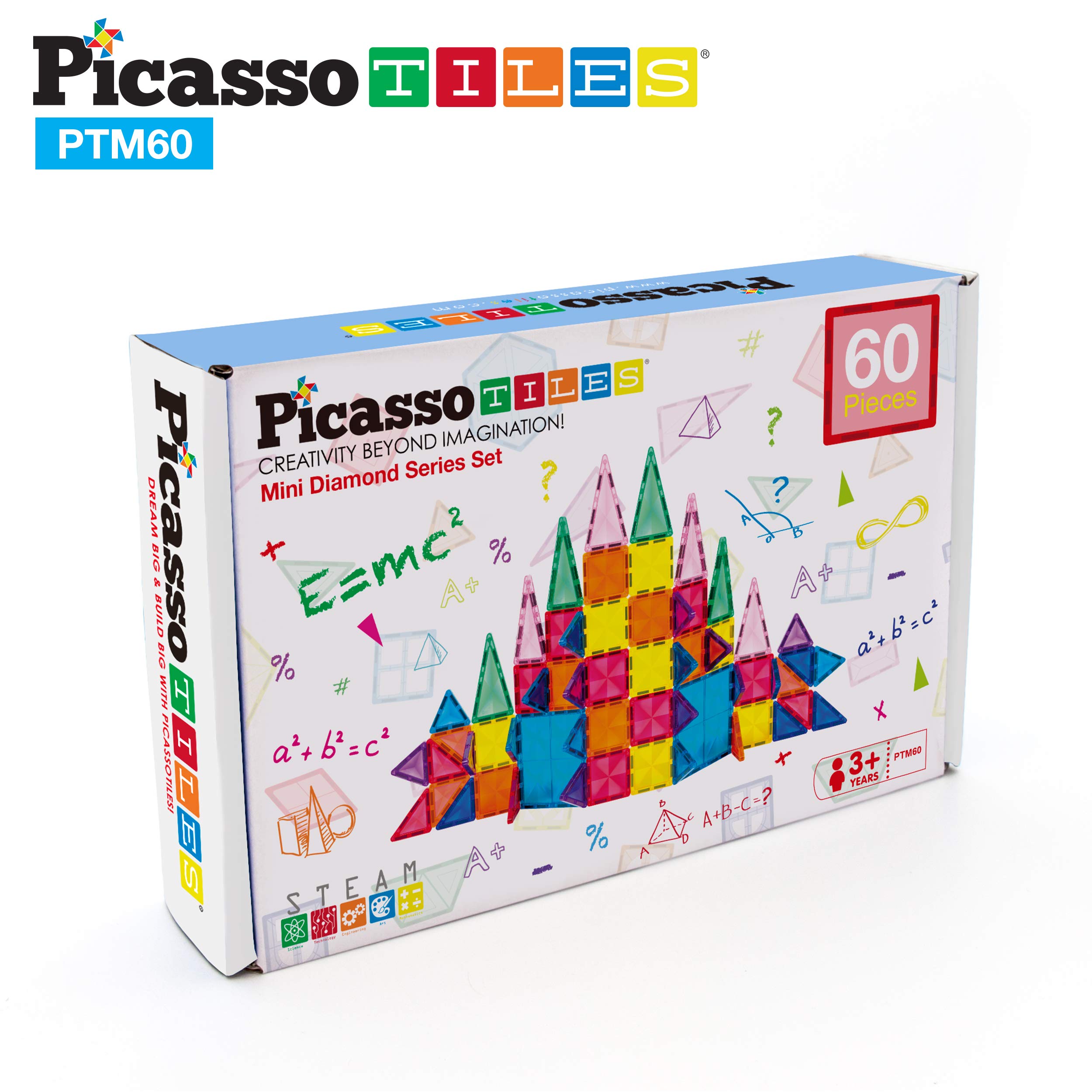 PicassoTiles 60 Piece Magnetic Building Block Mini Diamond Series Travel Size On-The-Go Magnet Construction Toy Set STEM Learning Kit Educational Playset Child Brain Development Stacking Blocks PTM60