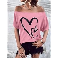 Women's Tops Sexy Tops for Women Shirts Heart Print Button Detail Dolman Sleeve Tee Shirts (Color : Pink, Size : X-Large)