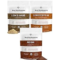 Real Mushrooms Peak Performance Bundle - Lion's Mane + Reishi + Cordyceps-M Certified Organic Mushroom Powders for Vitality, Immunity & Longevity