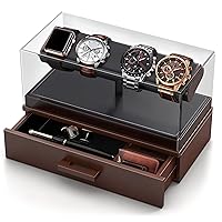 Watch Display Case - Men's Wood Watch Stand With Removable Acrylic Cover & PU Leather Padding - Velvet Lined Drawer/Organizer (Rings, Jewelry, etc) Great Boyfriend/Dad/Father's Day Gift.
