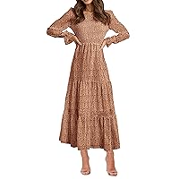BTFBM Women Casual Long Sleeve Crew Neck Fall Dress Bohemian Relaxed Fit Floral Flowy Maxi Dresses Tiered Cocktail Dress