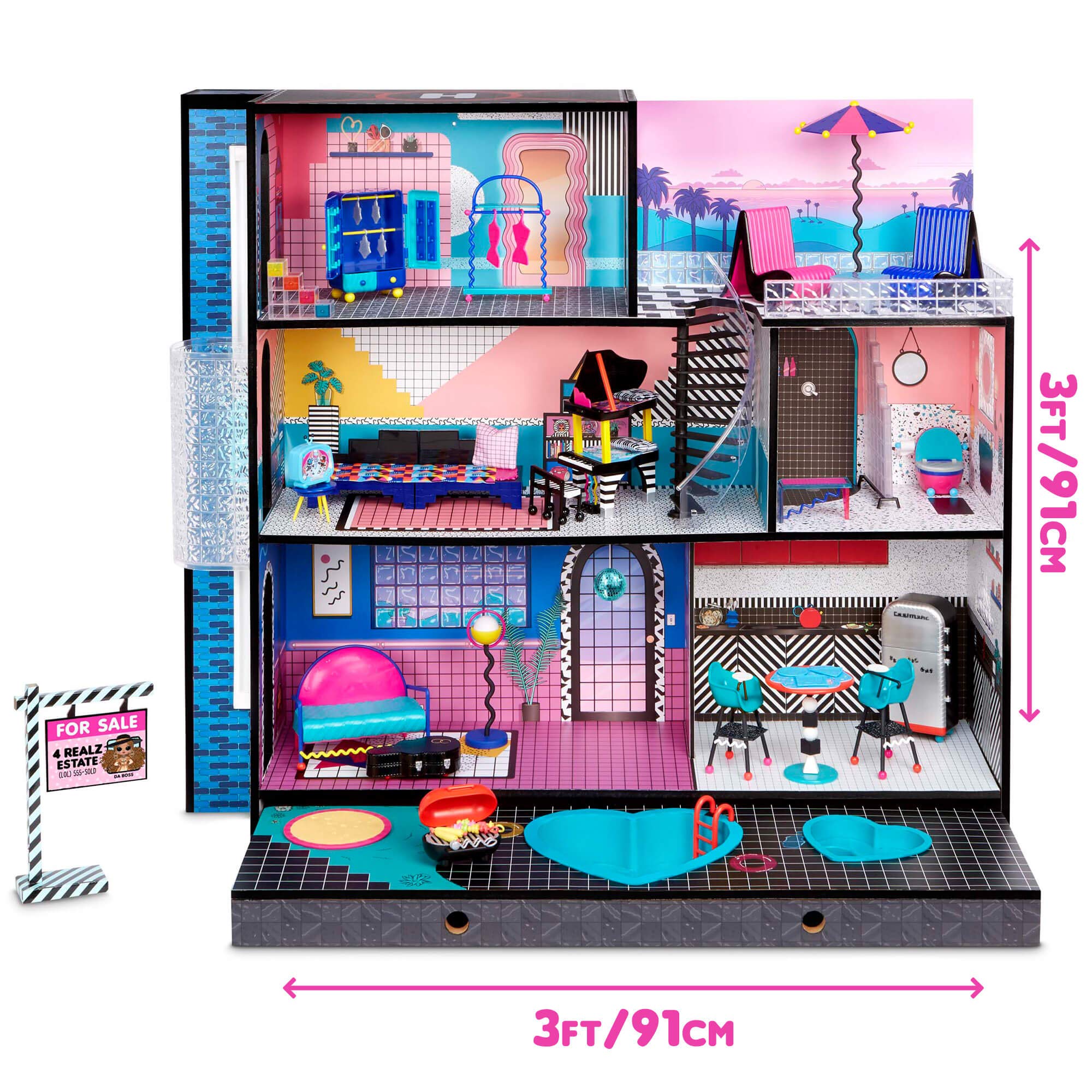LOL Surprise Home Sweet with OMG Doll– Real Wood Doll House with 85+ Surprises | 3 Stories, 6 Rooms Including Elevator, Tub, Pool, Patio, Living Room, Kitchen, Piano Bedroom, Bathroom, Fashion Closet