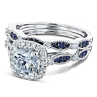 Kobelli Moissanite and Blue Sapphire Halo Bridal Rings Set