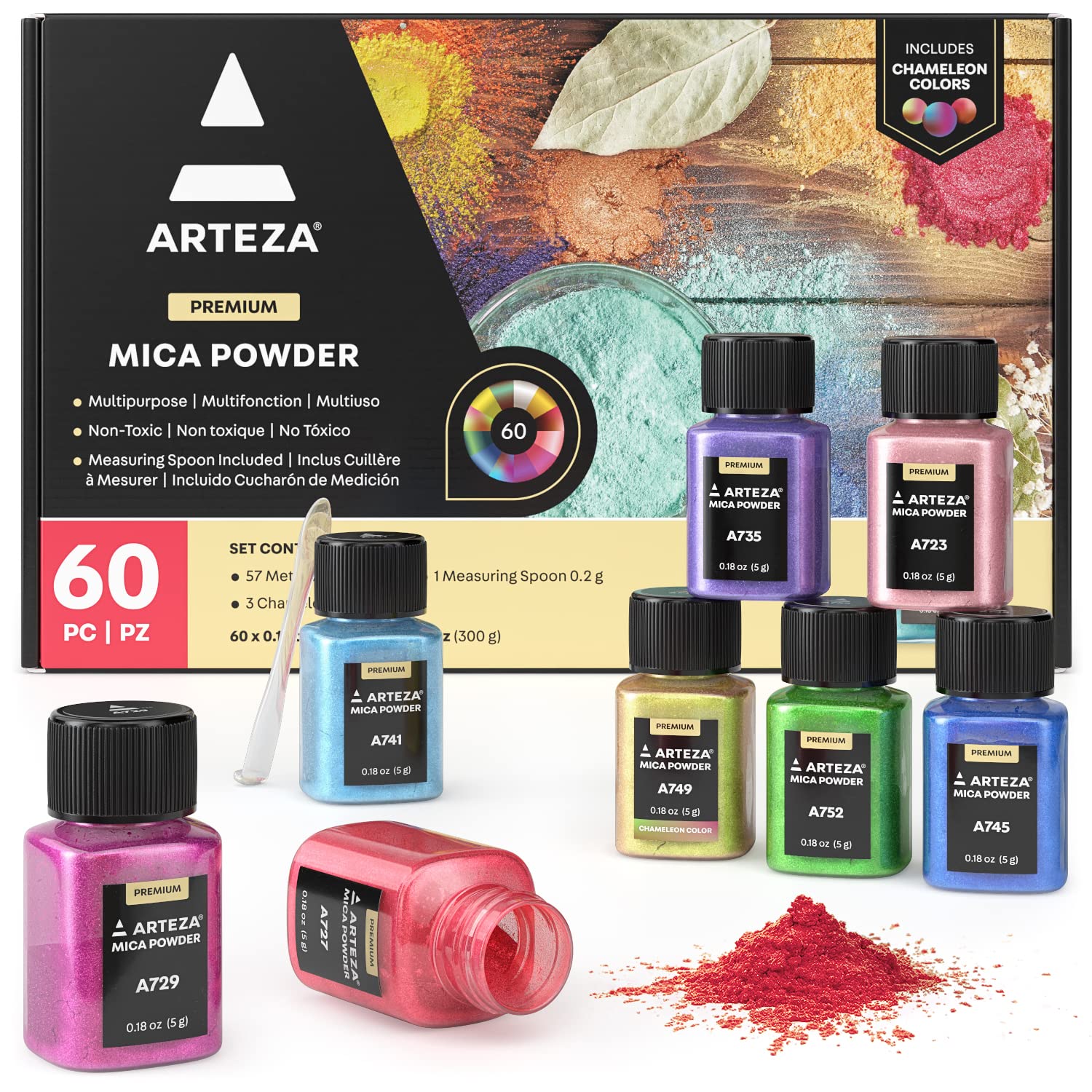 Arteza Mica Powder, Set of 60 Colors x 0.18 oz Jars, Craft Supplies for Paint, Epoxy Resin, Candle Making & DIY Crafts