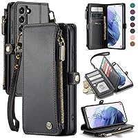 Defencase for Samsung Galaxy S21 Case, RFID Blocking for Galaxy S21 Case Wallet for Women Men with Card Holder, PU Leather Wrist Strap Zipper Pocket Magnetic Flip Phone Case for Samsung S21 5G, Black