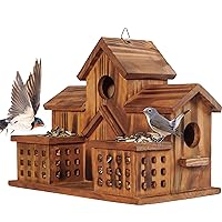 Bird Houses for Outside with Bird Feeder, Outdoor 3 Hole Bird House Room for 3 Bird Families Bluebird Finch Cardinals Hanging Birdhouse for Garden