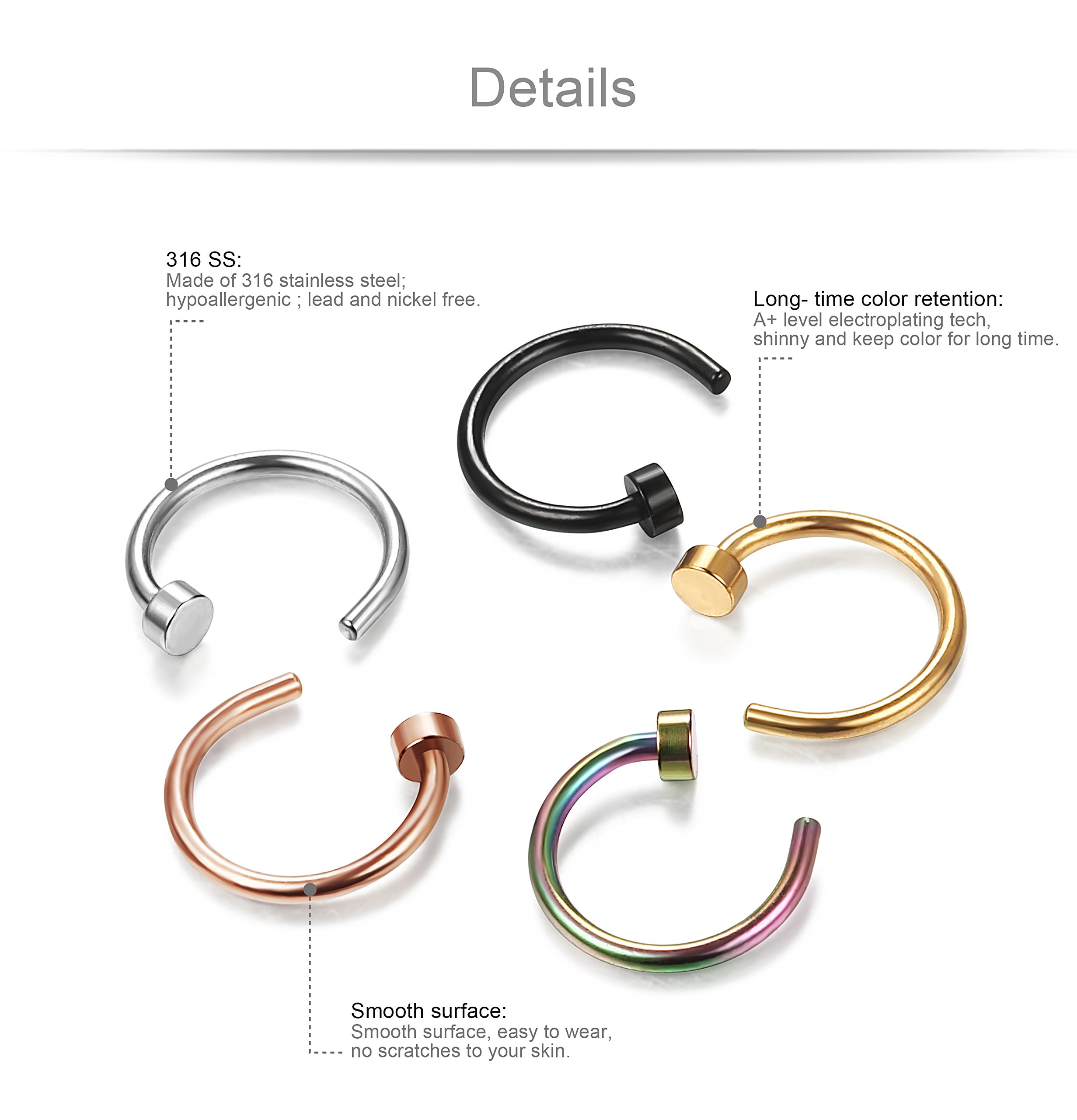 Jstyle 18G 20G 5 Pcs a Set 316L Stainless Steel Nose Rings Hoop Nose Piercing Body Jewelry