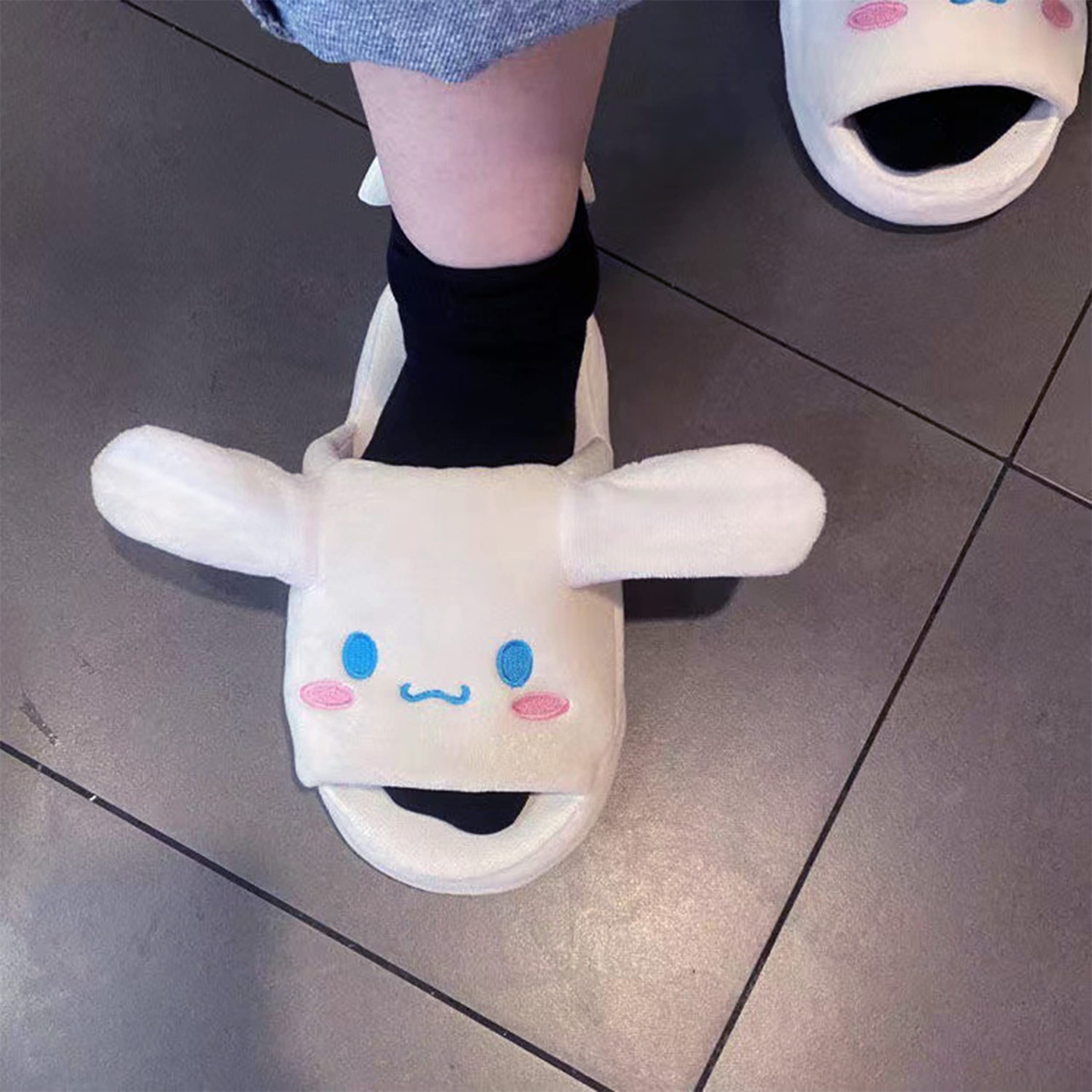 Roffatide Anime Cinnamoroll Fuzzy Slippers White Dog House Slippers Open Toe Open Back FoamEar Moving Jumping Slippers with Rubber Sole for Women Man One Size