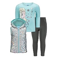 Disney Frozen Princess Anna Queen Elsa Girls Zip Up Vest Puffer T-Shirt and Leggings 3 Piece Set Toddler to Big Kid