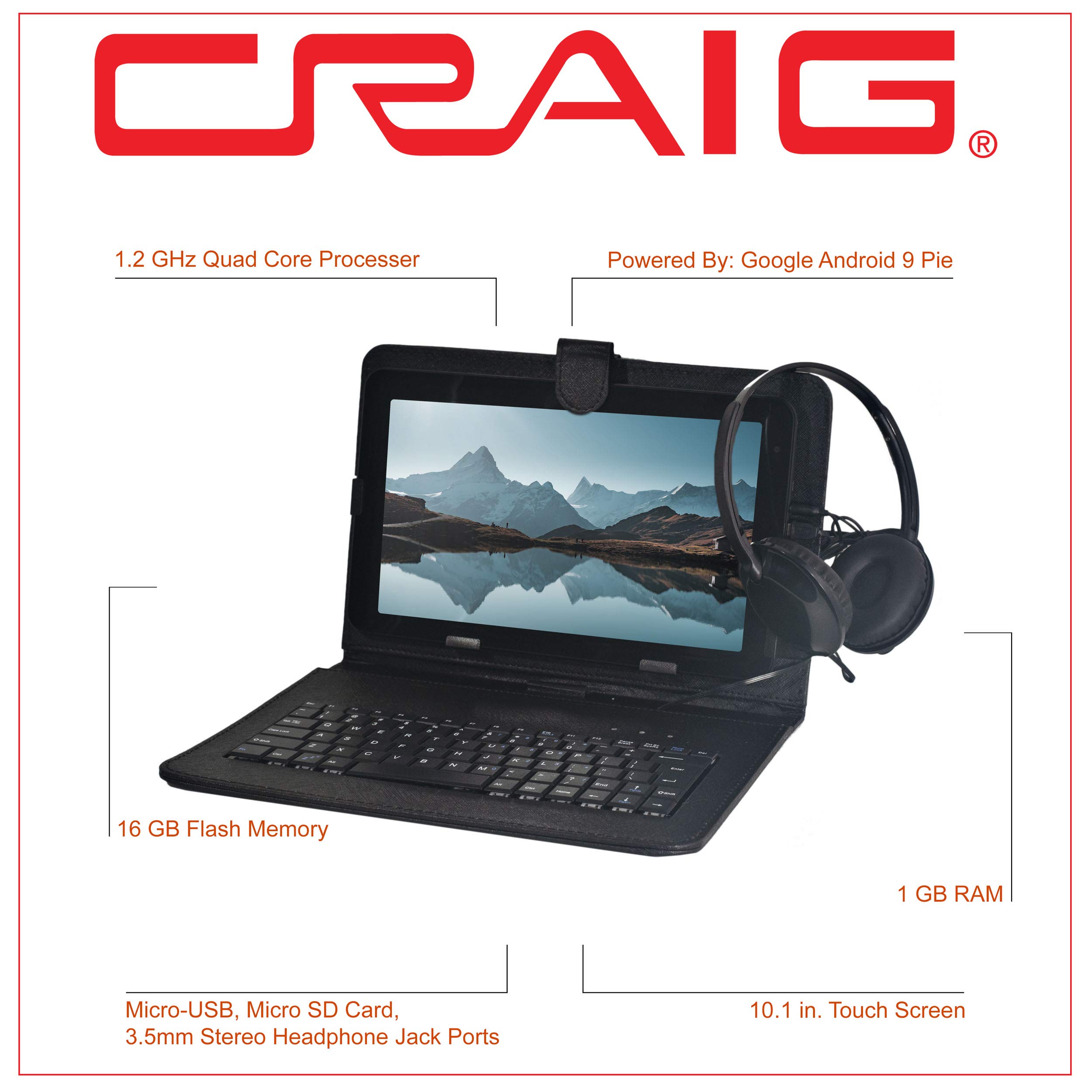 Craig CMP840 BUN-BK-HD Quad Core 10.1 in. Tablet with Keyboard Case and Headphones in Black