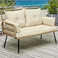 YITAHOME Patio Furniture Wicker Outdoor Loveseat, All-Weather Rattan Conversation for Backyard, Balcony and Deck with Soft Cushions (Light Brown+Beige)