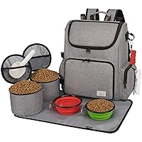 Dog Travel Bag Backpack, Airline Approved Pet Accessories Organizer for Dog and Cat with Shoulder Strap, 2 Dog Food Storage Containers, 2 Collapsible Dog Bowls,1 Pet Mat, Grey