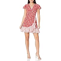 Vince Camuto Women's Printed CDC Faux Wrap Fit and Flare Dress with Contrast Ruffle Hem