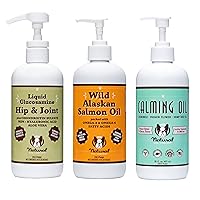 Natural Dog Company Wellness Bundle Food Oil Toppers Including (1) Wild Alaskan Salmon Oil, (1) Liquid Glucosamine, (1) Calming Oil