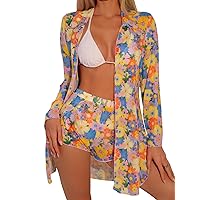 Verdusa Women's 2 Piece Floral Print Long Sleeve Kimono Shirt and Shorts Cover Up Sets