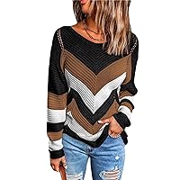 Ladies Loose Color Block Knitted Sweater Casual Long Sleeve Color Match Knit Jumper Crew Neck Stripe Sweater Jumper
