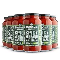Sonoma Gourmet Spicy Serrano Marinara Pasta Sauce | USDA Organic, Non GMO, Gluten Free and No Sugar Added | Made With Fresh Ingredients | 25 Ounce Jars (Pack of 6)