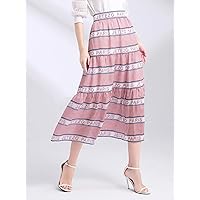 Women's Letter & Gingham Print Skirt with Ruffle Hem (Color : Multicolor, Size : Small)
