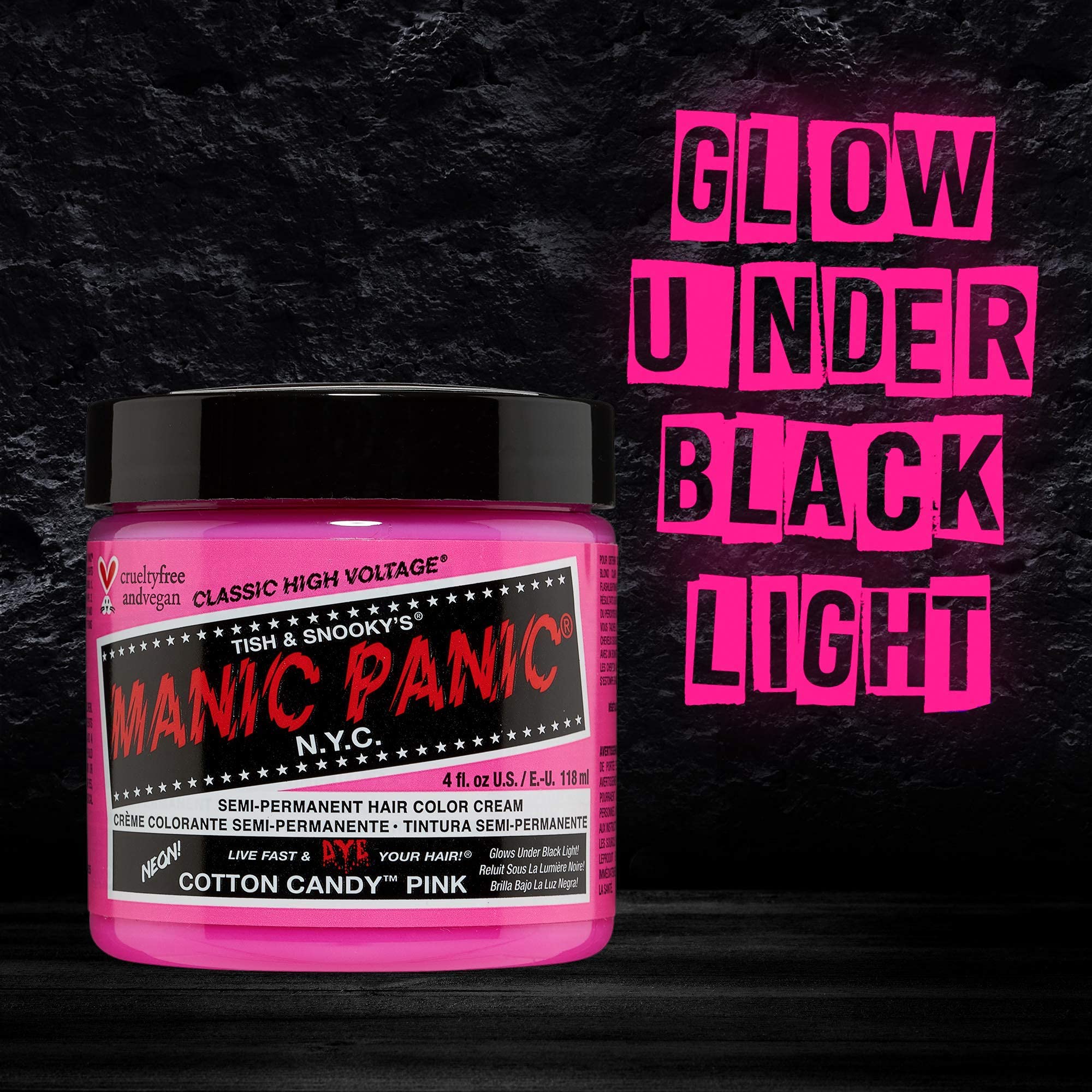 MANIC PANIC Cotton Candy Pink Hair Dye - Classic High Voltage - Semi Permanent Neon Bright Cool Toned Pink Hair Color - Glows Under Black Light - Vegan, PPD & Ammonia Free (4oz)