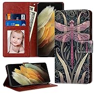 Wallet Case for Google Pixel 7 Pro [2022] [6.7in] Pink Dragonfly Green Grass 1 Wrist Strap Standable Kickstand PU Leather Card Holder Wallet Case for Women.