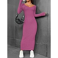 Women's Dress Solid Ribbed Knit Bodycon Dress Dresses for Women (Color : Hot Pink, Size : Small)