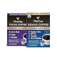 Vitacup Genius Gold & Focus Mushroom Coffee 32 Pod Bundle | Energy & Focus |Superfood & Vitamins Infused | Variety Pack of (2) 16 Count Single Serve Recyclable Pods Compatible with K-Cup Brewers