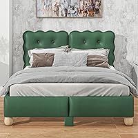 Full Size Upholstered Platform Bed with Button Tufted Headboard,Solid Wood Bed Frame with Round Legs and Slat Supports for Kids,Adult,Green