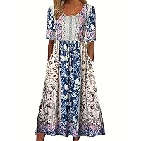 Summer Plus Size Cotton Linen Dress for Women Loose Short Sleeve Midi Flowy Dresses Lace Edge Loose Ruffle Sundress