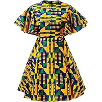 Womens African Vintage Ruffle Trim Sleeve Ankara Tunic Swing Dress