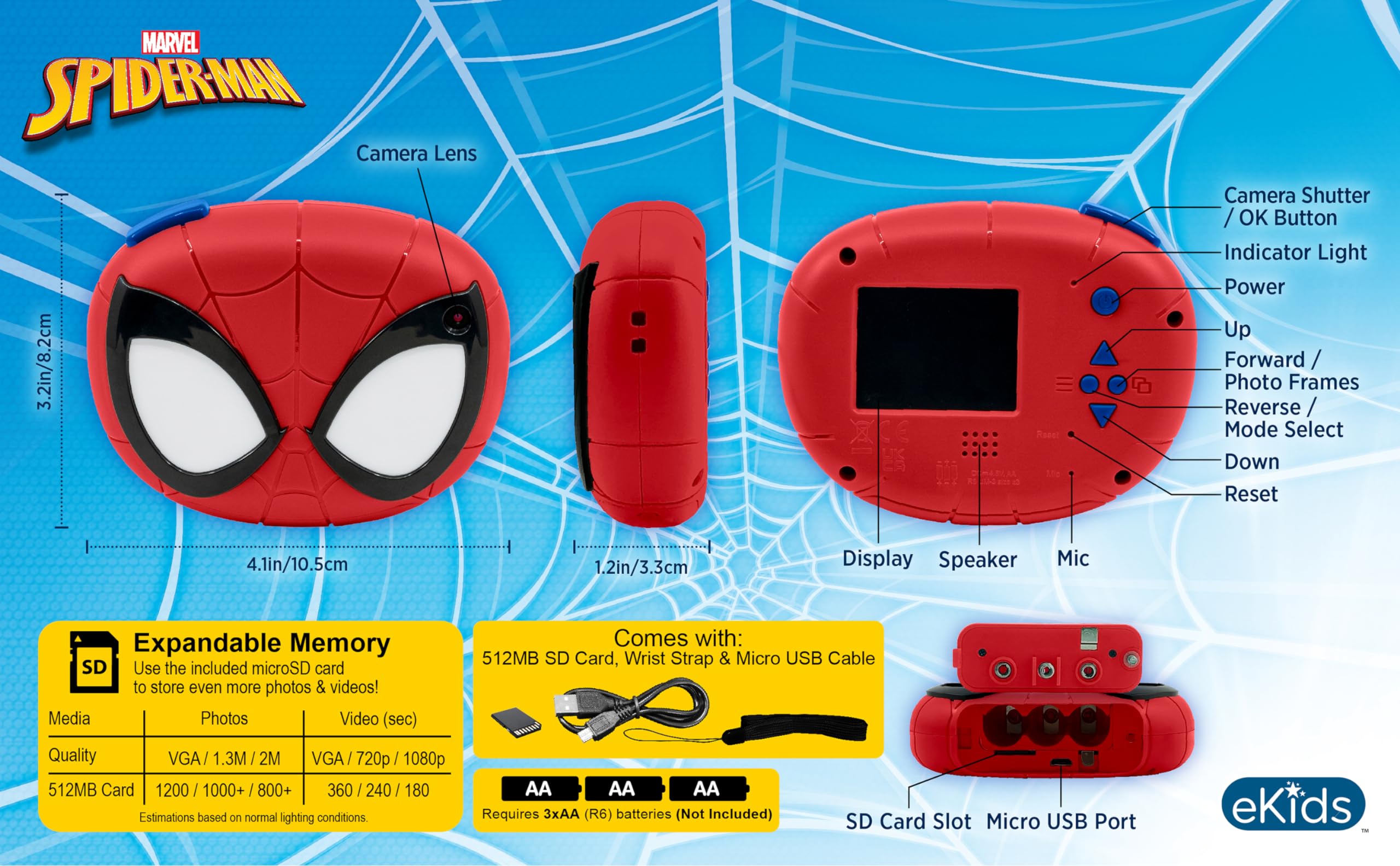 ekids Spiderman Kids Camera with SD Card, Digital Camera for Kids with Video Camera, Built-in Digital Stickers for Fans of Spiderman Gifts for Kids