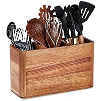 Wooden Utensil Holder for Kitchen Counter, Large Acacia Utensil Holder for Countertop with 3 Compartment, Cooking Utensil Organizer, Silverware Caddy with DIY Greeting Cards