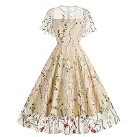 Wellwits Women's Flutter Sleeves Sheer Floral Embroidery Mesh Cocktail Formal Vintage Dress