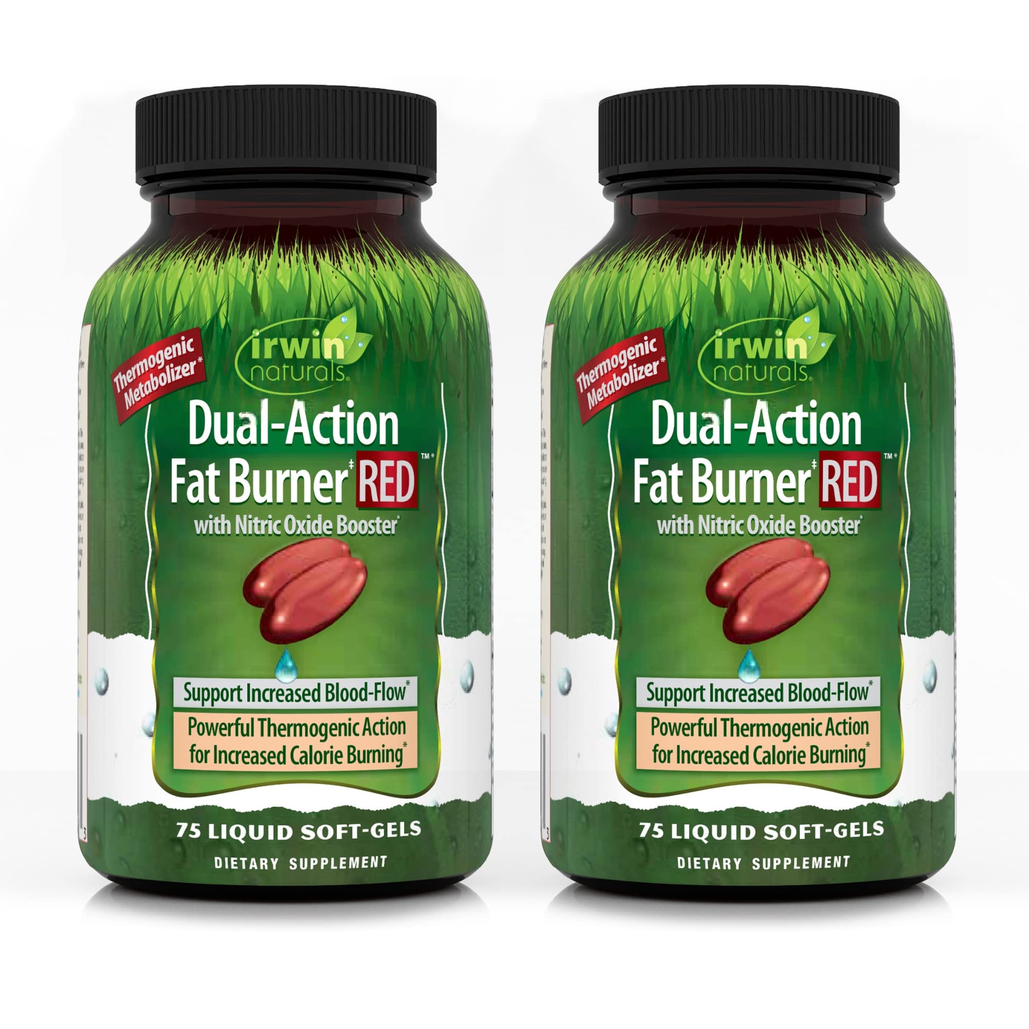 Irwin Naturals Dual-Action Fat Burner RED - 75 Liquid Soft-Gels, Pack of 2 - Powerful Thermogenic with Nitric Oxide Booster - 50 Total Servings