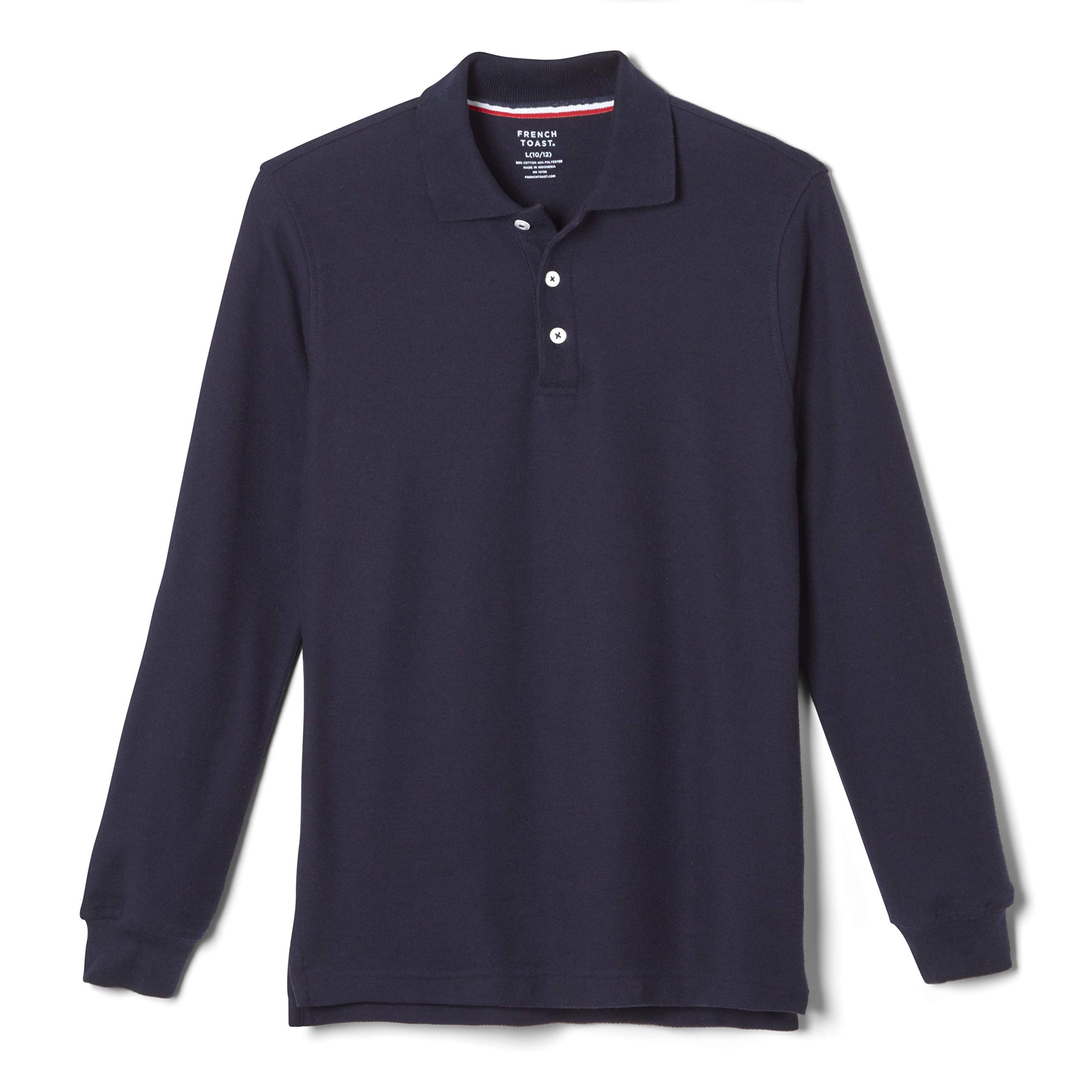 French Toast Big Pique Polo School Uniform Shirt with Long Sleeves for Boys and Girls, Navy, 10-12