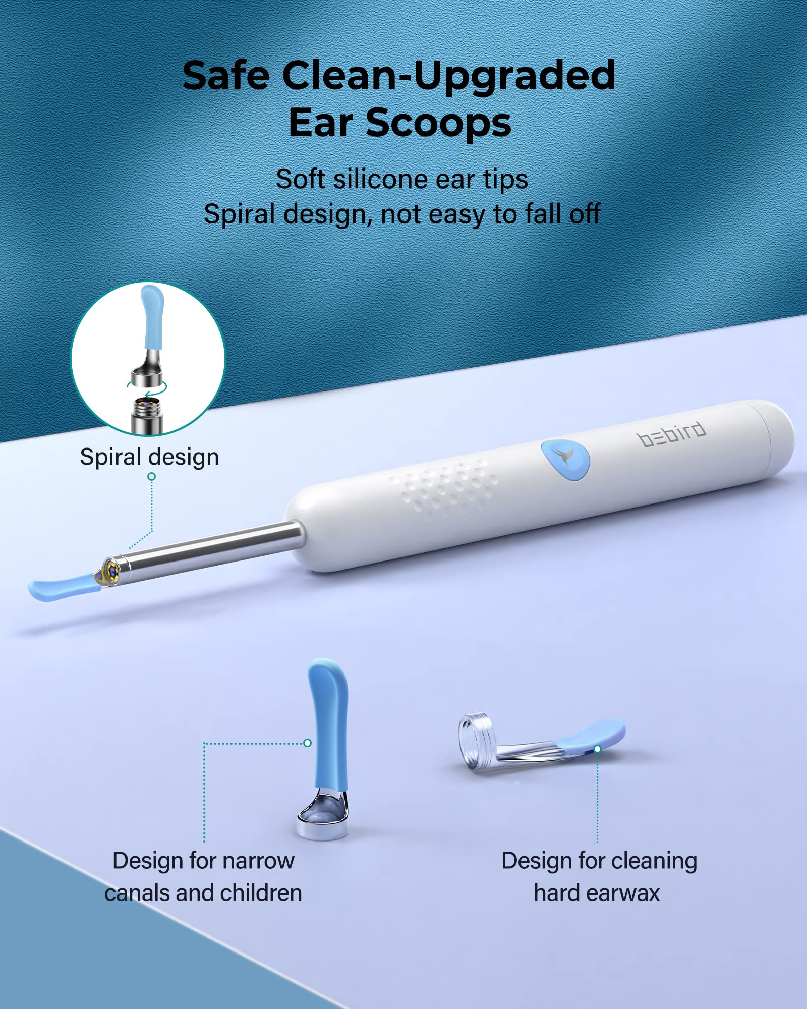 BEBIRD R1 Ear Wax Removal Tool, Ear Cleaner with Ear Camera, 1080P Ear Scope, Ear Wax Removal Kit with 2 Silicone Ear Scoops, Ear Pick with 6 LED Light for Earwax Removal, White